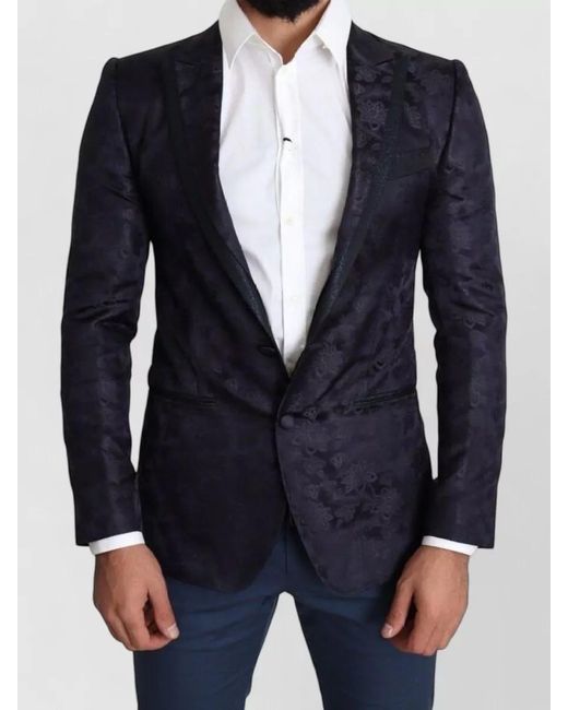 Dolce & Gabbana Blue Silk Floral-Jacquard Single-Breasted Blazer for men