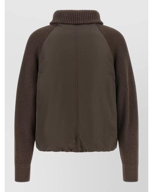 Brunello Cucinelli Brown Cropped Boxy Down Jacket Knit Sleeves