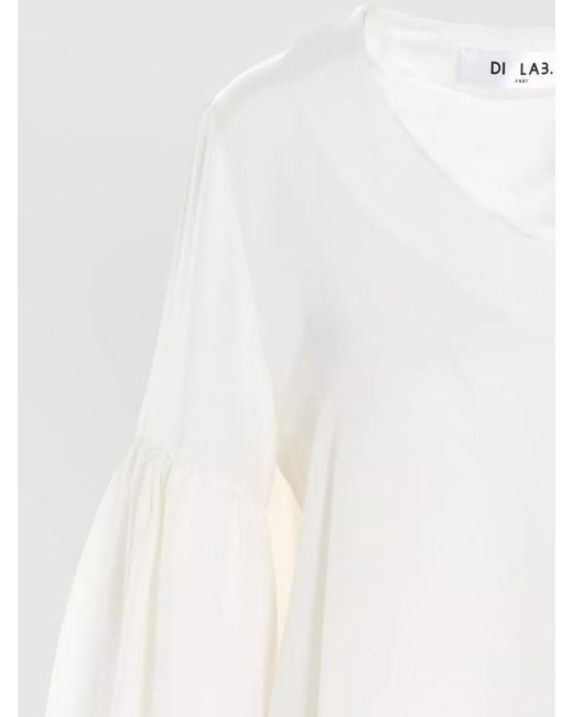 DI.LA3 PARI' White Silk Shirt Puff Sleeves V Neckline
