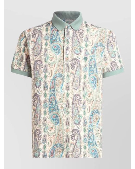 Etro White Polo Shirt Short Sleeves Paisley Ribbed Collar for men