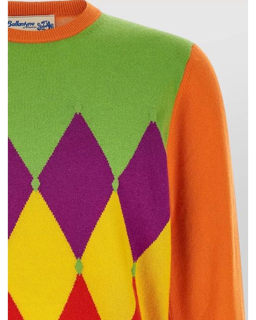 Ballantyne Orange Cashmere Diamond Intarsia Crew Neck Sweater for men