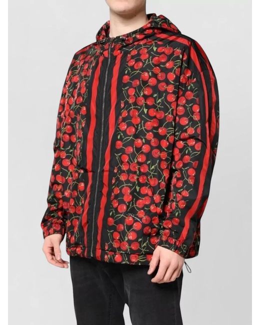 Dolce & Gabbana Red Cherry Print Hooded Windbreaker Jacket for men
