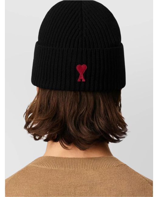 AMI Black Wool Beanie With Ribbed Knit Design for men