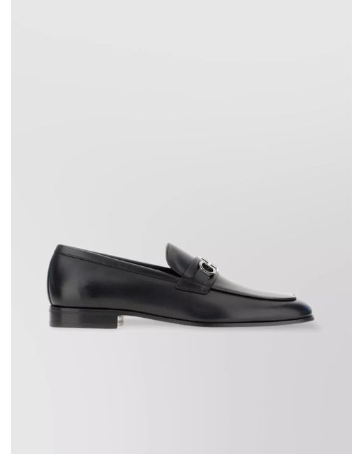 Ferragamo Black Leather Sole Metal Hardware Round Toe Loafers for men