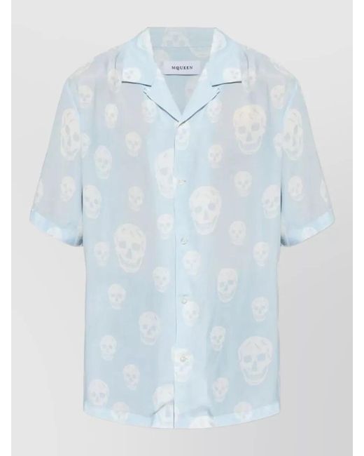 McQueen Blue Skull Camp Collar Lightweight Short Sleeve Shirt for men