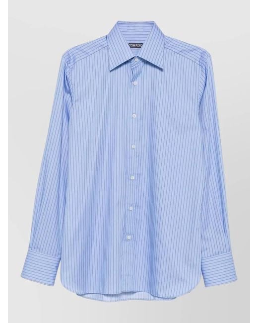 Tom Ford Blue Cotton Shirt Vertical Stripe Tailored Fit for men