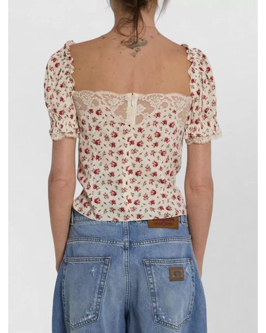 Dolce & Gabbana Blue Charmeuse Top Rose Print Straight Neckline