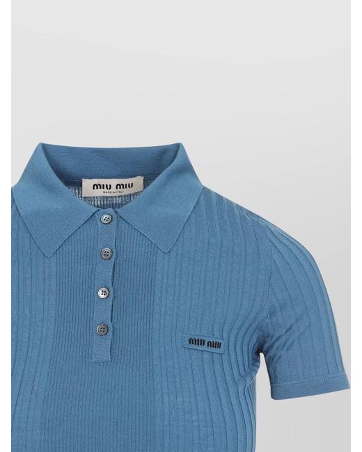 Miu Miu Blue Wool Ribbed Slim-Fit Polo Top