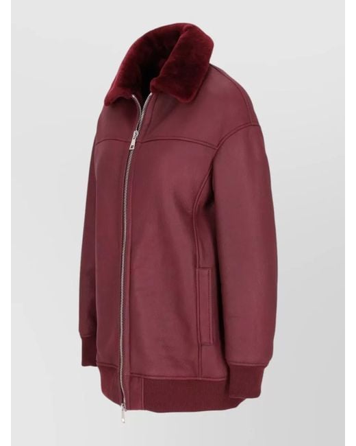 LA ROSE Red Bomber Jacket Long Shearling Leather
