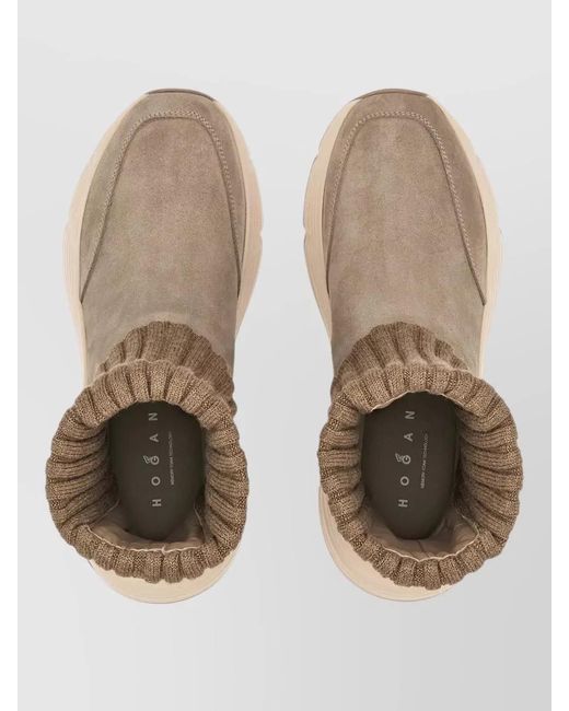 Hogan Natural Suede Boots Chunky Sole Ribbed Knit Cuff