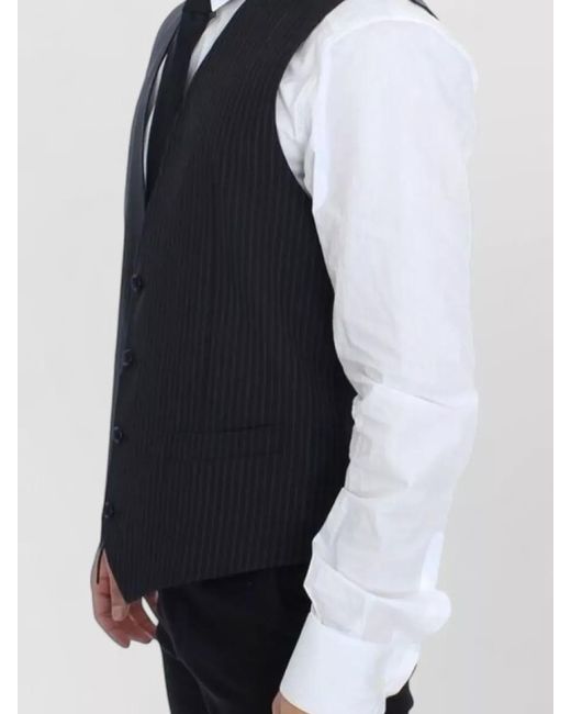 Dolce & Gabbana Blue Wool Pinstripe V-Neck Dress Vest for men