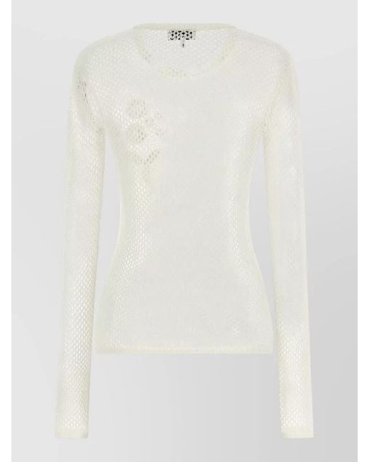 Ganni White Pointelle Knit Sweater Floral Embroidery Sheer
