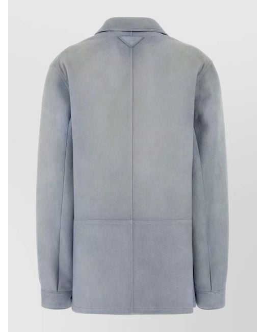 Prada Blue Suede Jacket Long Sleeves Collar Pockets