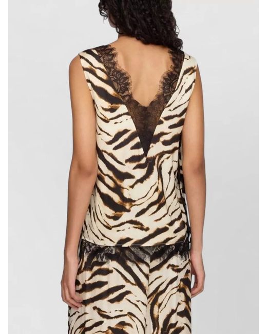 Ganni Metallic Tiger Print V Neck Lace Satin Top