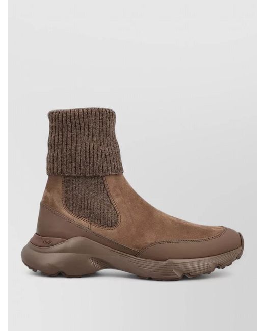 Tod's Brown Leather Ribbed-Knit Slip-On Sneakers