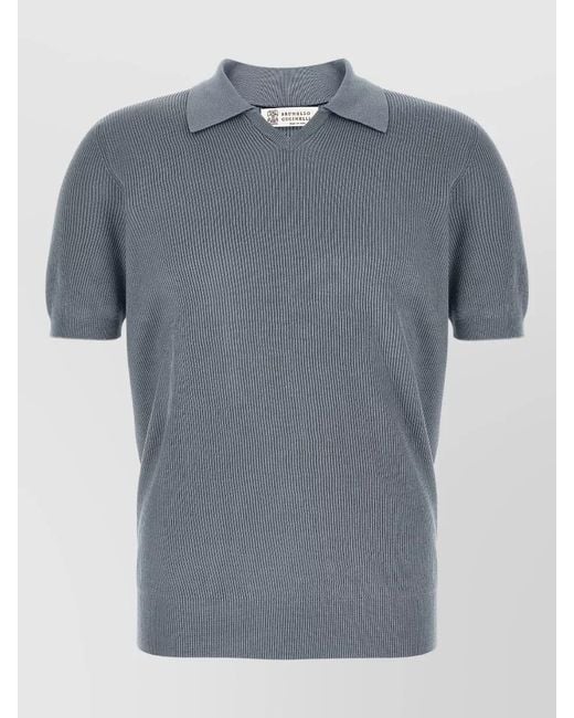 Brunello Cucinelli Blue Coastal Rib Knit Polo Short Sleeves for men