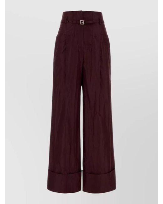 Fendi Purple Silk High-Rise Pleated Wide-Leg Trousers