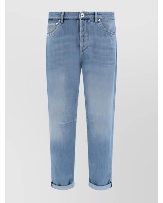 Brunello Cucinelli Blue Straight Fit Cotton Jeans With Turned-Up Hem for men
