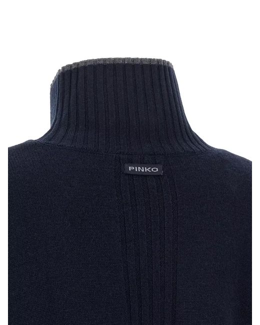 Pinko Blue High Neck Cropped Sweater Long Sleeves Ribbed