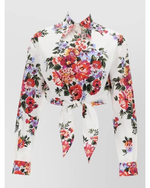 Dolce & Gabbana White Floral Cotton Shirt Belted Waist