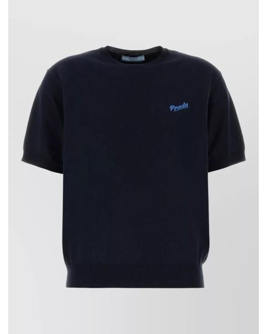Prada Blue Silk Ribbed Crewneck Short-Sleeve Knitted Top