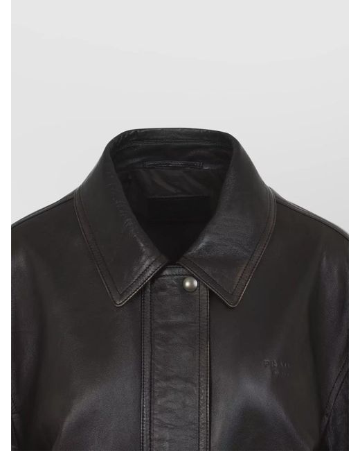 Prada Black Leather Bomber Jacket Relaxed Fit Ribbed Trims