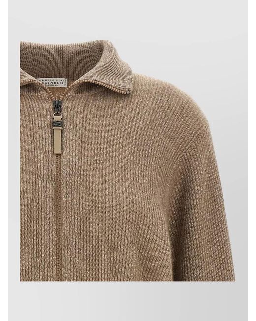 Brunello Cucinelli Natural Cashmere Lamé Zip Cardigan Cropped