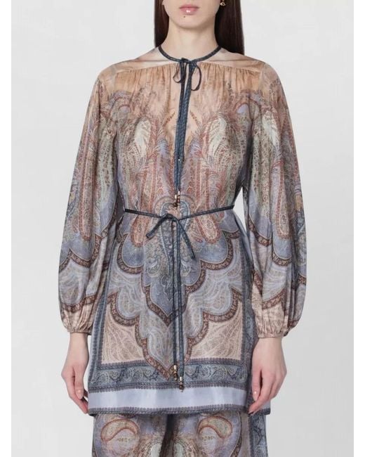 Zimmermann Gray Long Sleeve Belted Paisley Dress Sheer Tie