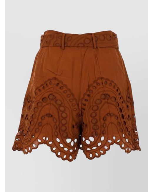 Charo Ruiz Brown Dune Shorts Belted Waist Eyelet Scalloped Hem