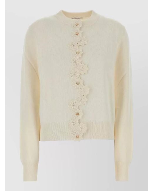 Jil Sander Natural Stretch Viscose Cardigan Floral Applique Knit