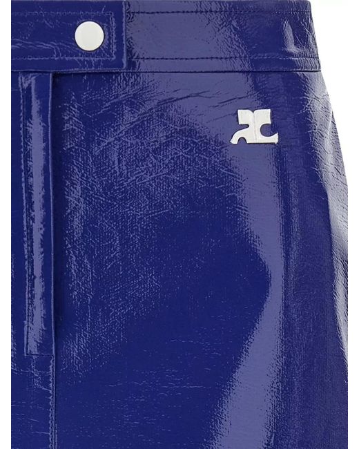 Courreges Blue High Waist Vinyl Skirt Button Detail
