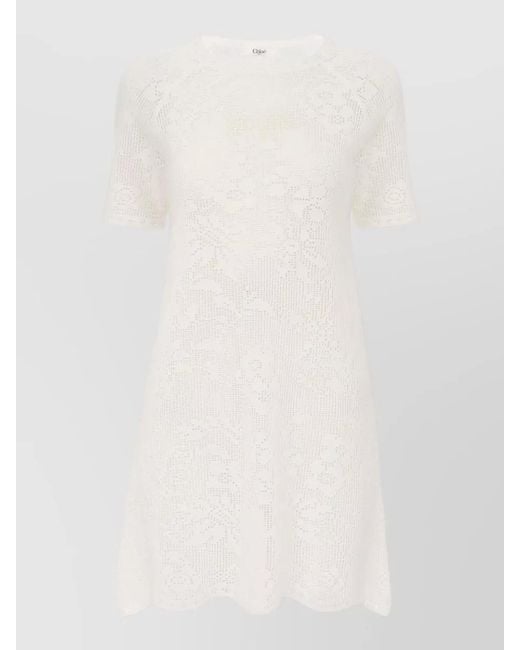 Chloé White Crochet Floral Knit Short Dress Semi Sheer