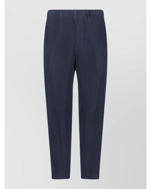 Homme Plissé Issey Miyake Blue Straight Trousers Pleated Design Elastic Waistband Button for men