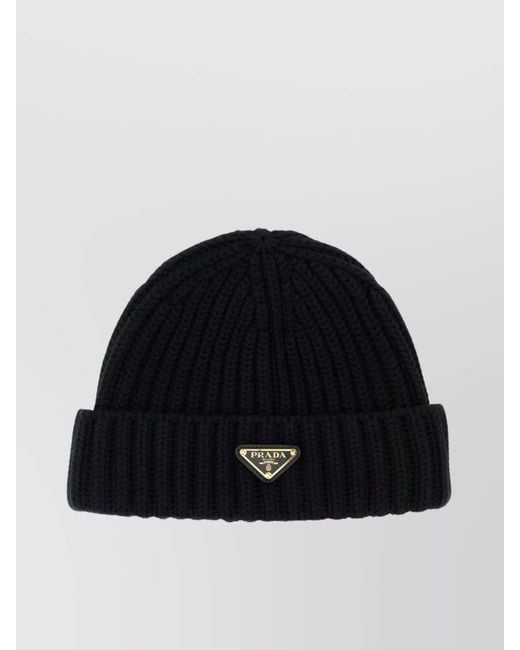 Prada Blue Wool Beanie Hat Folded Cuff