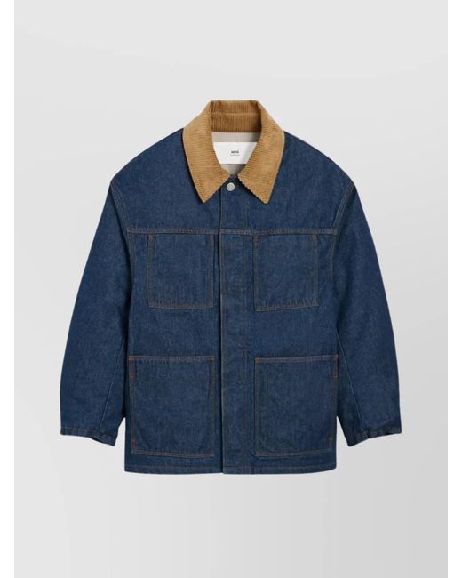 AMI Blue Denim Jacket With Corduroy Collar And Pockets for men