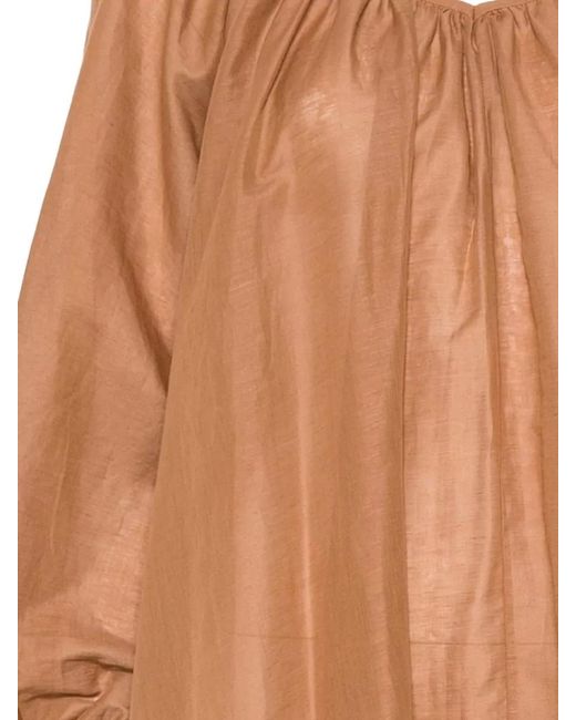 120% Lino Brown Long Dress Linen Cotton V Neckline