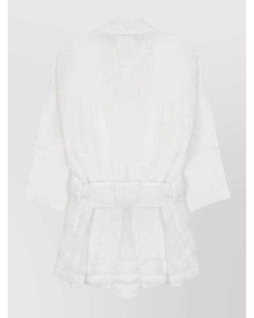 120% Lino White Linen Kimono Jacket Belted Waist Design