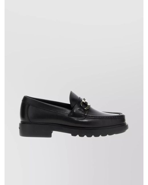 Ferragamo Black Round Toe Loafers With Metallic Buckle for men
