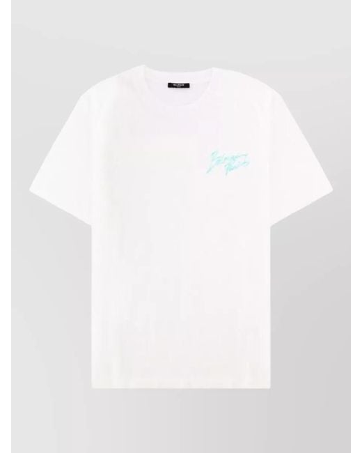 Balmain White Logo Graphic Round Neck Short Sleeve T-Shirt for men