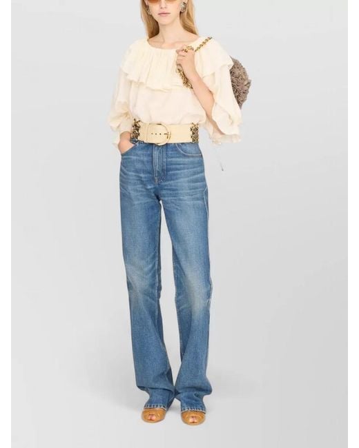 Chloé Natural Silk Jacquard Top Ruffled Neckline