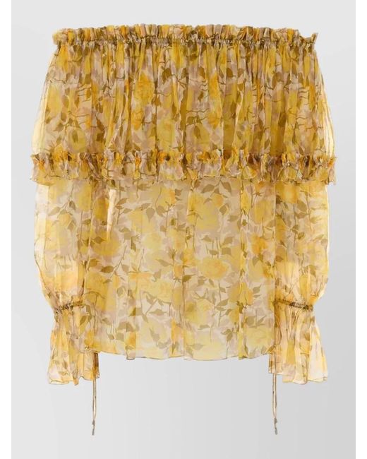 Chloé Metallic Crepe Blouse Floral Motif Long Sleeves Ruffles