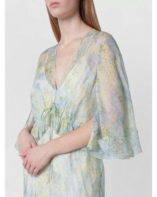 Alberta Ferretti White Dress Drawstring Waist Flared Sleeves Floral
