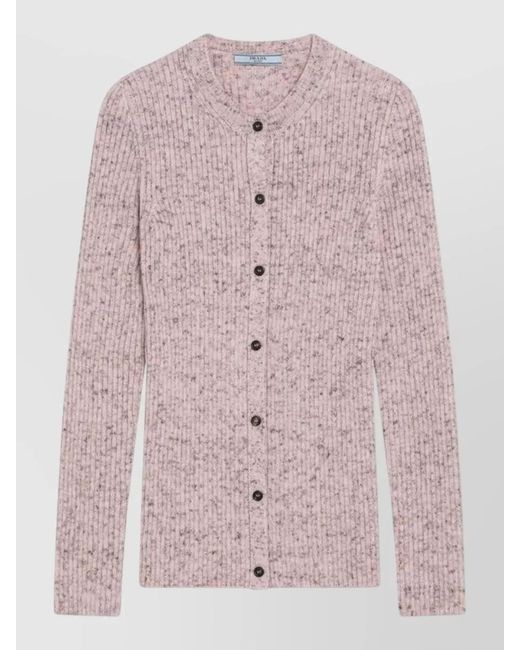 Prada Pink Crew Neck Ribbed Knit Long Sleeves
