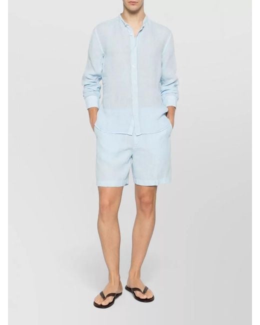 120% Lino Blue Slim Fit Shirt Mandarin Collar Long Sleeves for men