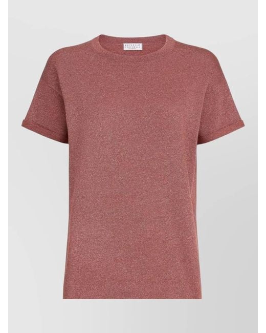 Brunello Cucinelli Pink Cashmere Silk Glitter Short-Sleeve T-Shirt