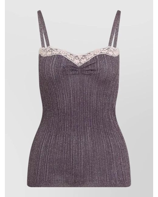 Valentino Purple Ribbed Sweetheart-Neck Lurex Top