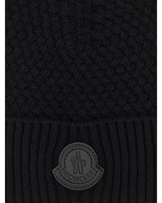 Moncler Black Basket Stitch Wool Cashmere Beanie for men