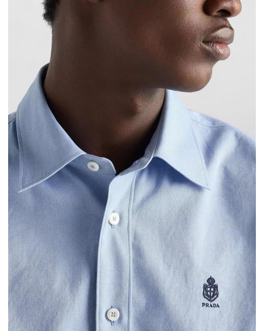 Prada Blue Cotton Shirt Regular Fit Rounded Hem for men