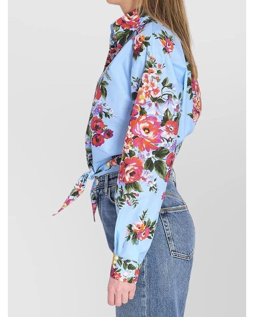 Dolce & Gabbana Blue Floral-Bouquet-Print Cotton Cropped Knot-Detail Shirt