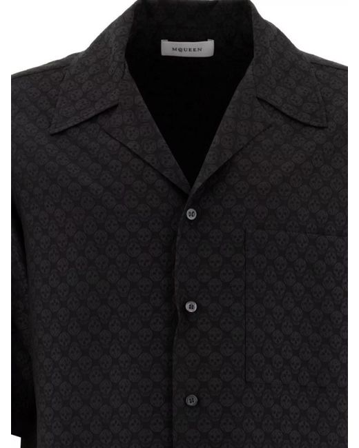 McQueen Black Viscose Camp Collar Skull Print Shirt for men